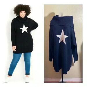 Evans Womens UK Size 22 24 US 18 Abstract Star Sweater Jumper Cowl Neck Navy NEW